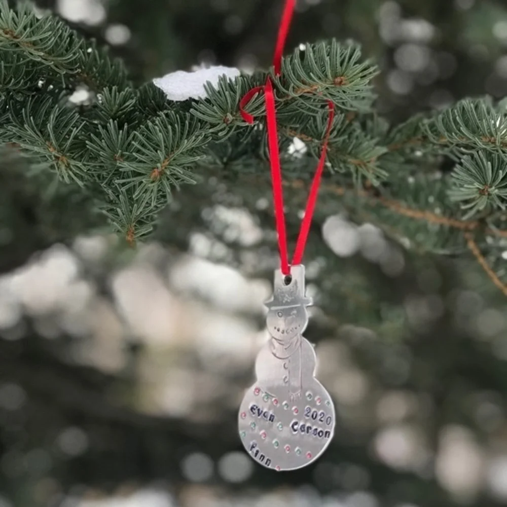 Handmade stamped silver aluminum personalized snowman holiday Christmas ornament